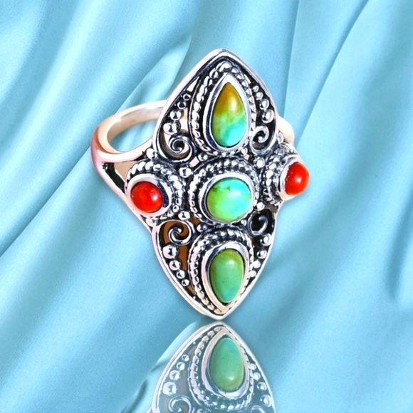 NWT ARTISAN CRAFTED SONORAN GOLD TURQUOISE & CORAL STERLING SILVER RING SZ 8.0